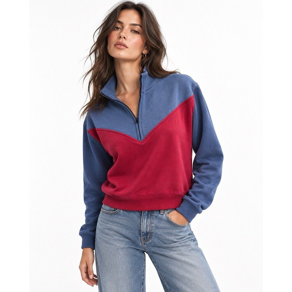 OLIVVI NWT Colorblock Chevron Half Zip Sweatshirt Red Blue Size Medium
